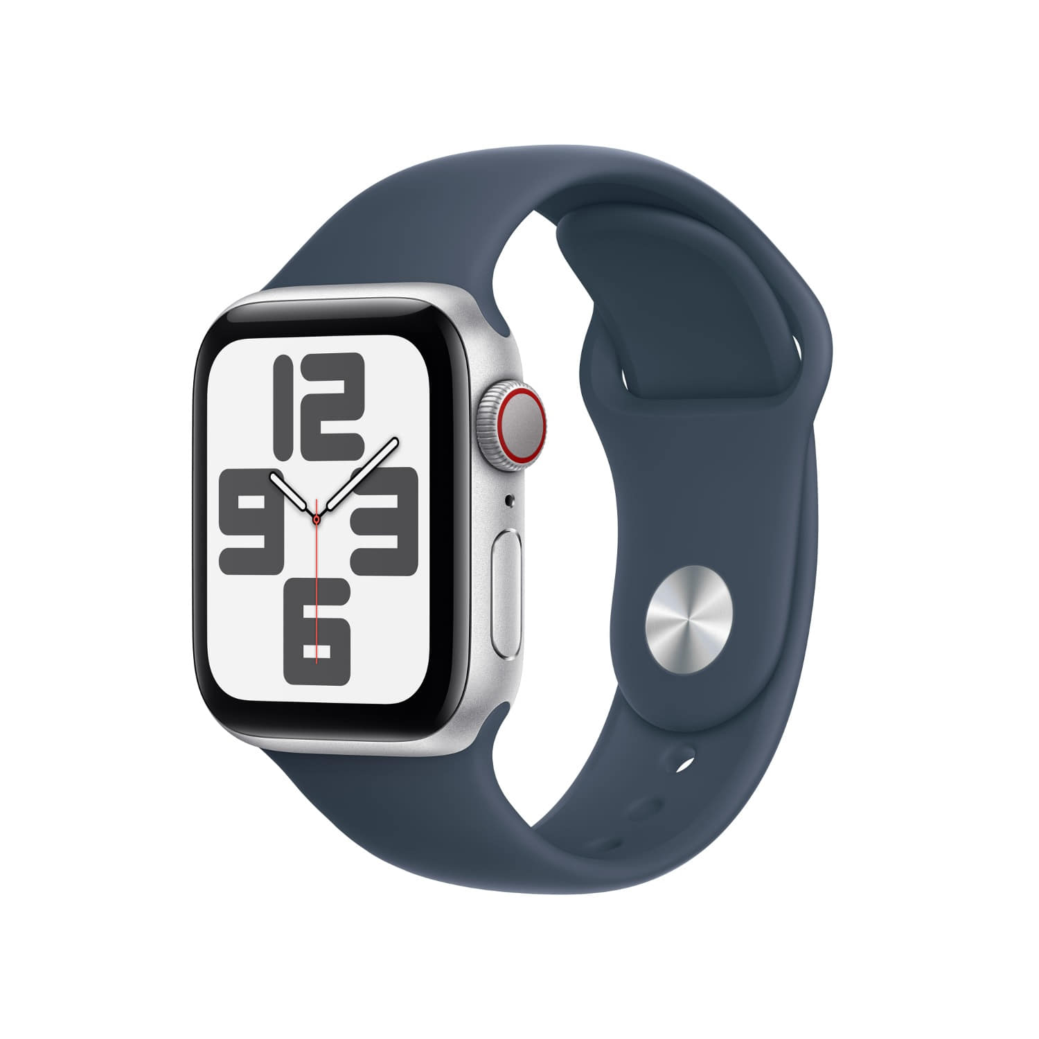 Apple Watch SE GPS + Cellular 40mm 실버 알루미늄 케이스, 스톰 블루 스포츠 밴드 - S/M * MRGJ3KH/A