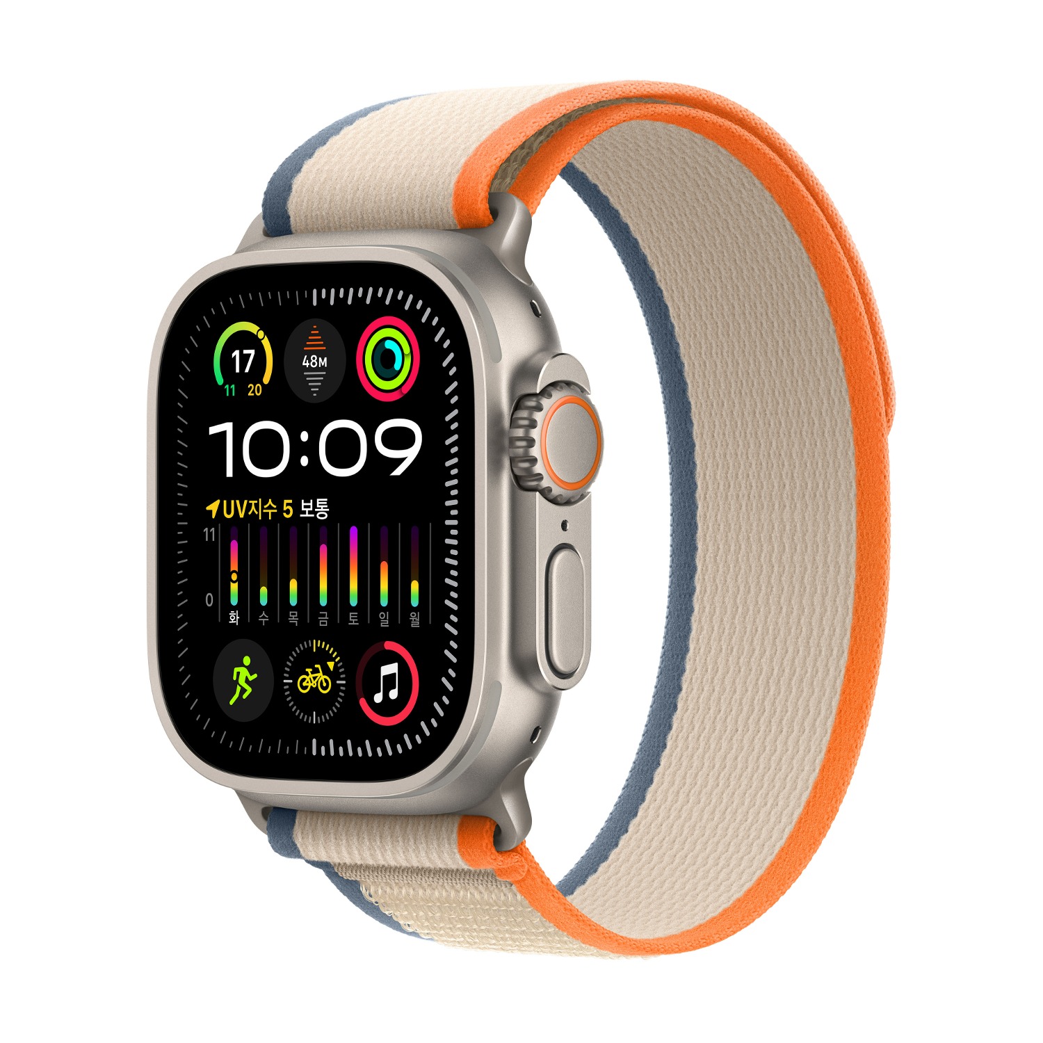 Apple Watch Ultra 2 GPS + Cellular 49mm 티타늄 케이스, 오렌지/베이지 트레일 루프 - M/L * MRF23KH/A