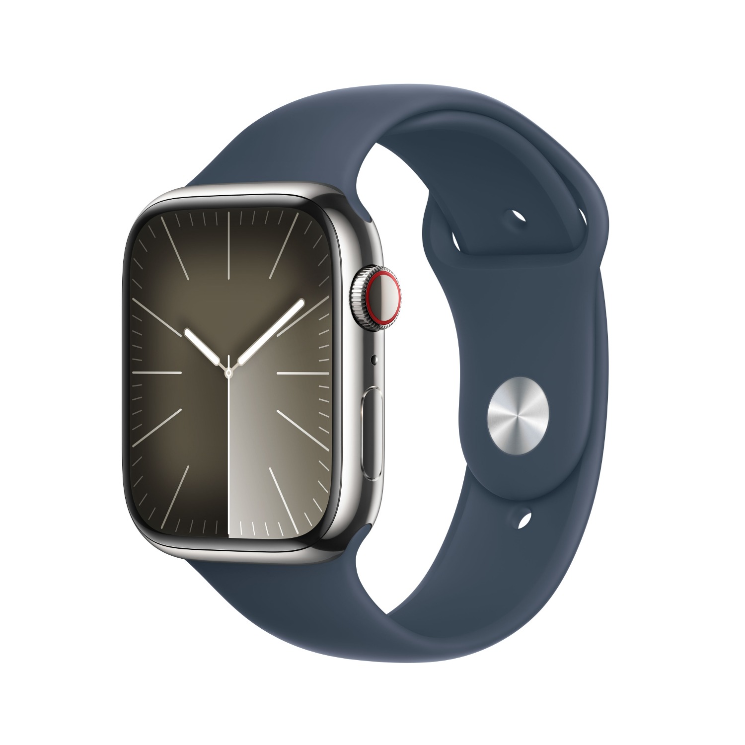 Apple Watch Series 9 GPS + Cellular 45mm 실버 스테인리스 스틸 케이스, 스톰 블루 스포츠 밴드 - S/M * MRMN3KH/A