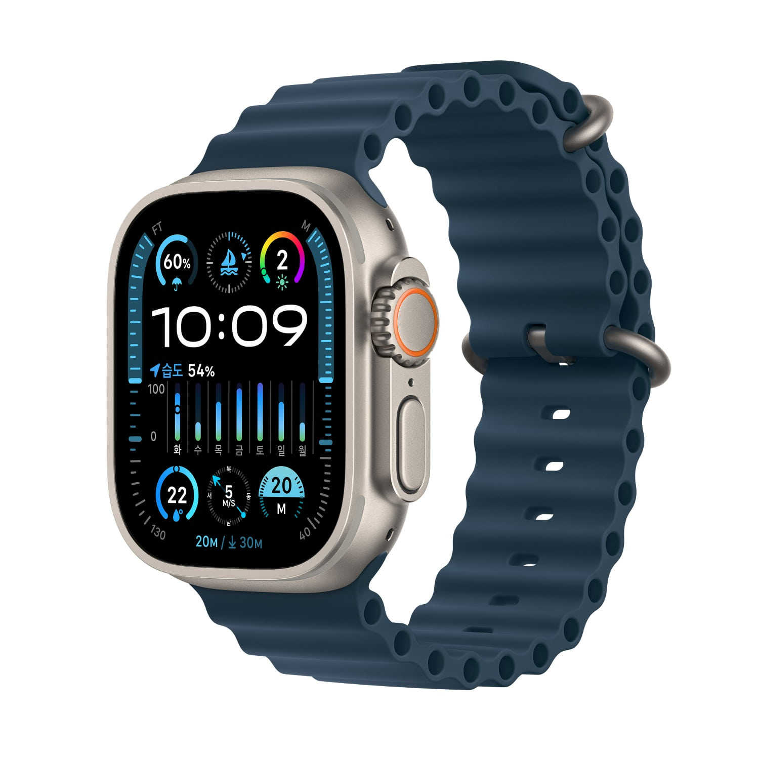Apple Watch Ultra 2 GPS + Cellular 49mm 티타늄 케이스, 블루 오션 밴드 * MREG3KH/A