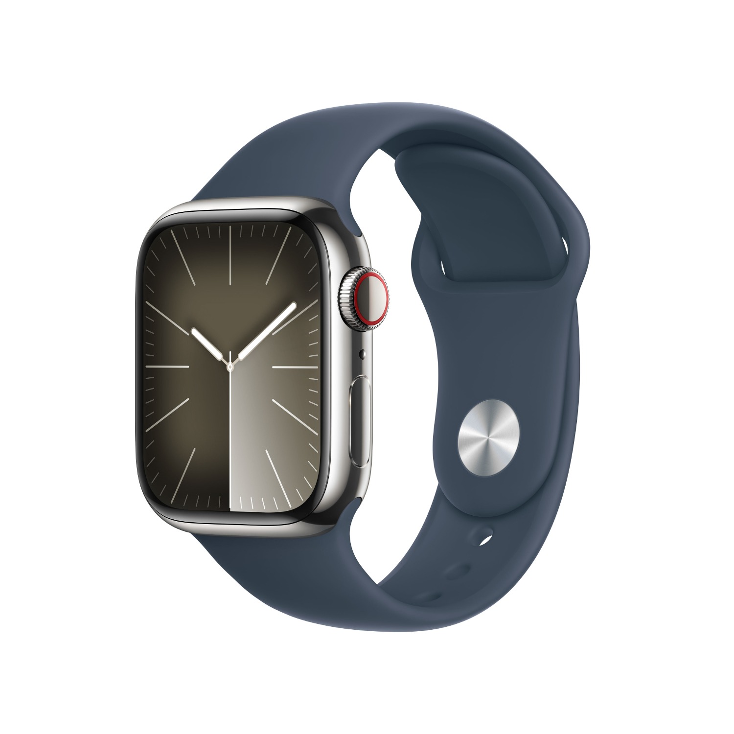 Apple Watch Series 9 GPS + Cellular 41mm 실버 스테인리스 스틸 케이스, 스톰 블루 스포츠 밴드 - M/L * MRJ33KH/A