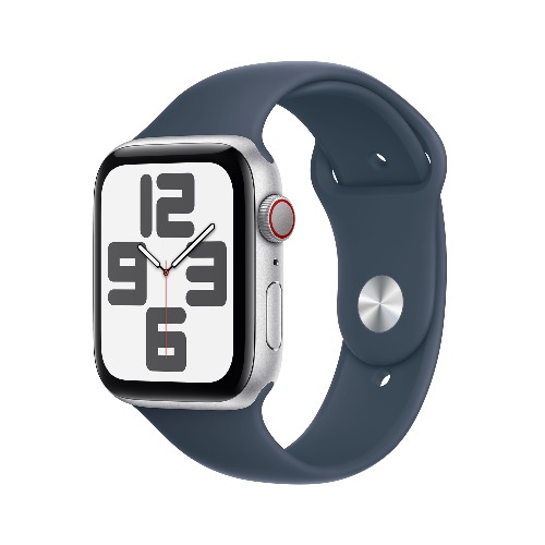 Apple Watch SE GPS + Cellular 44mm 실버 알루미늄 케이스, 스톰 블루 스포츠 밴드 - M/L * MRHJ3KH/A