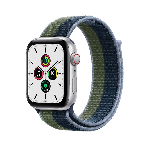 Apple Watch SE Cellular 44mm 실버 알루미늄 케이스, 어비스 블루/모스 그린 스포츠 루프 * MKT03KH/A